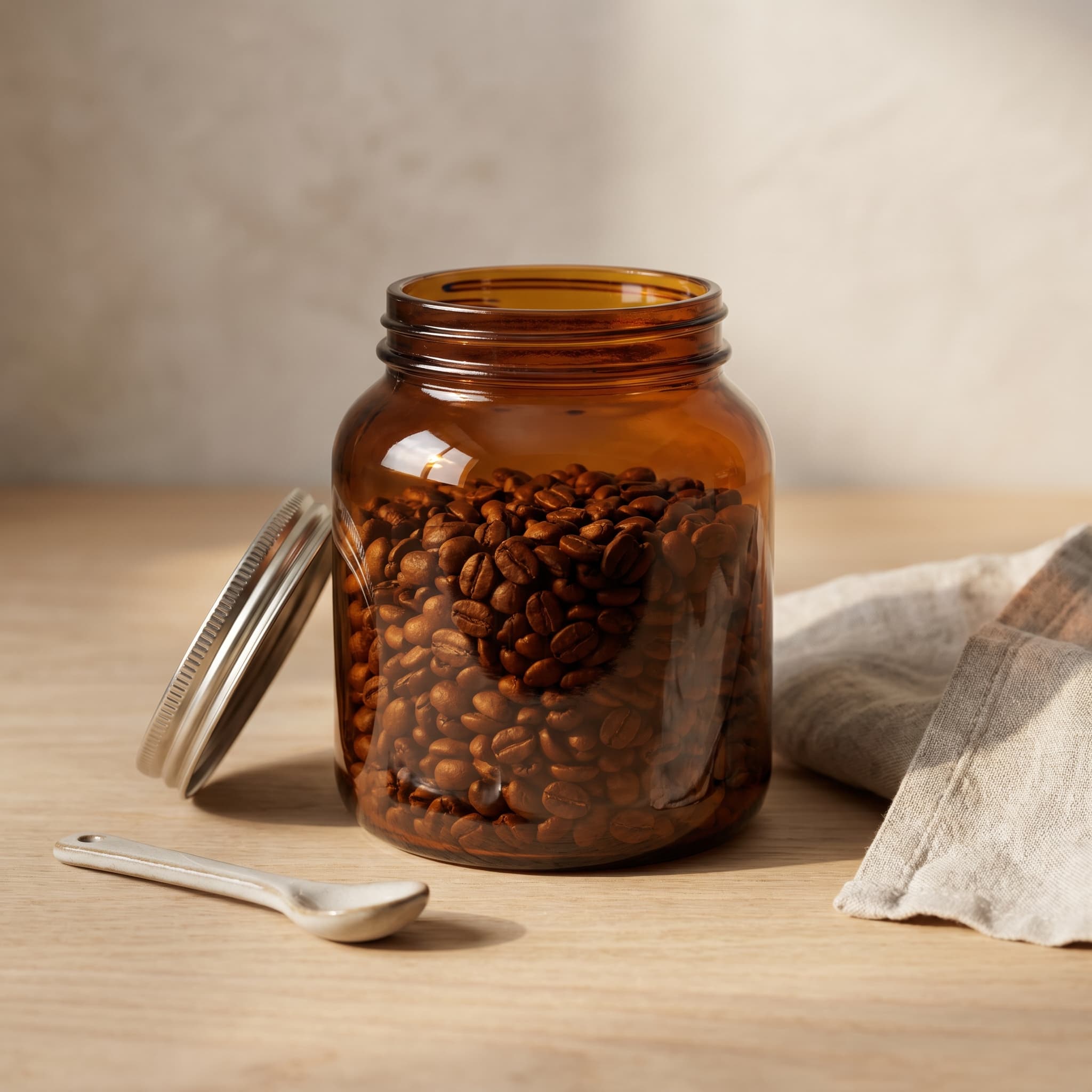 Amber glass jar repurposed as food storage, holding coffee beans