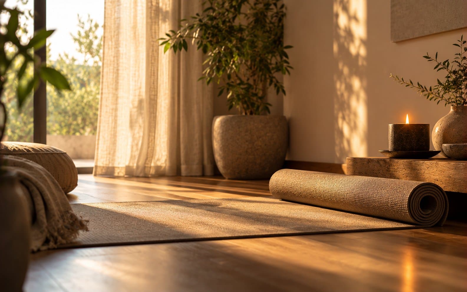 A quiet sunlit corner of a home — a rolled mat and a single candle on a low surface.