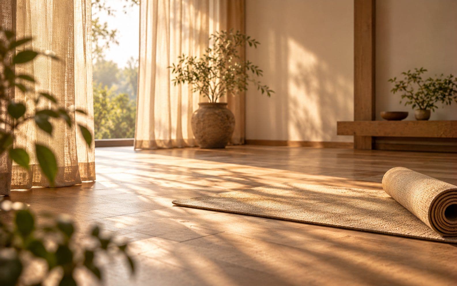 A single rolled yoga mat on a wooden floor in soft dawn light.
