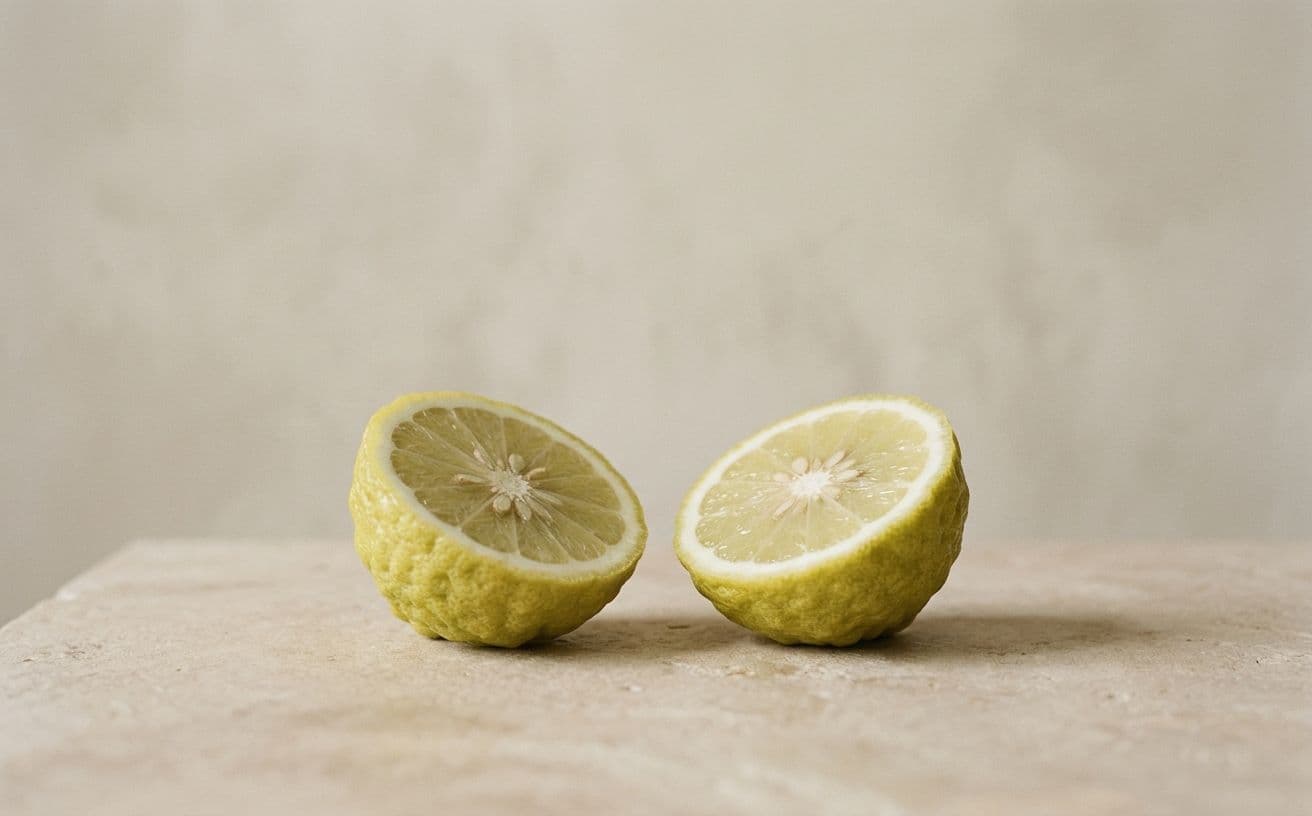 A single bergamot fruit cut in half on a pale stone surface in soft natural daylight.