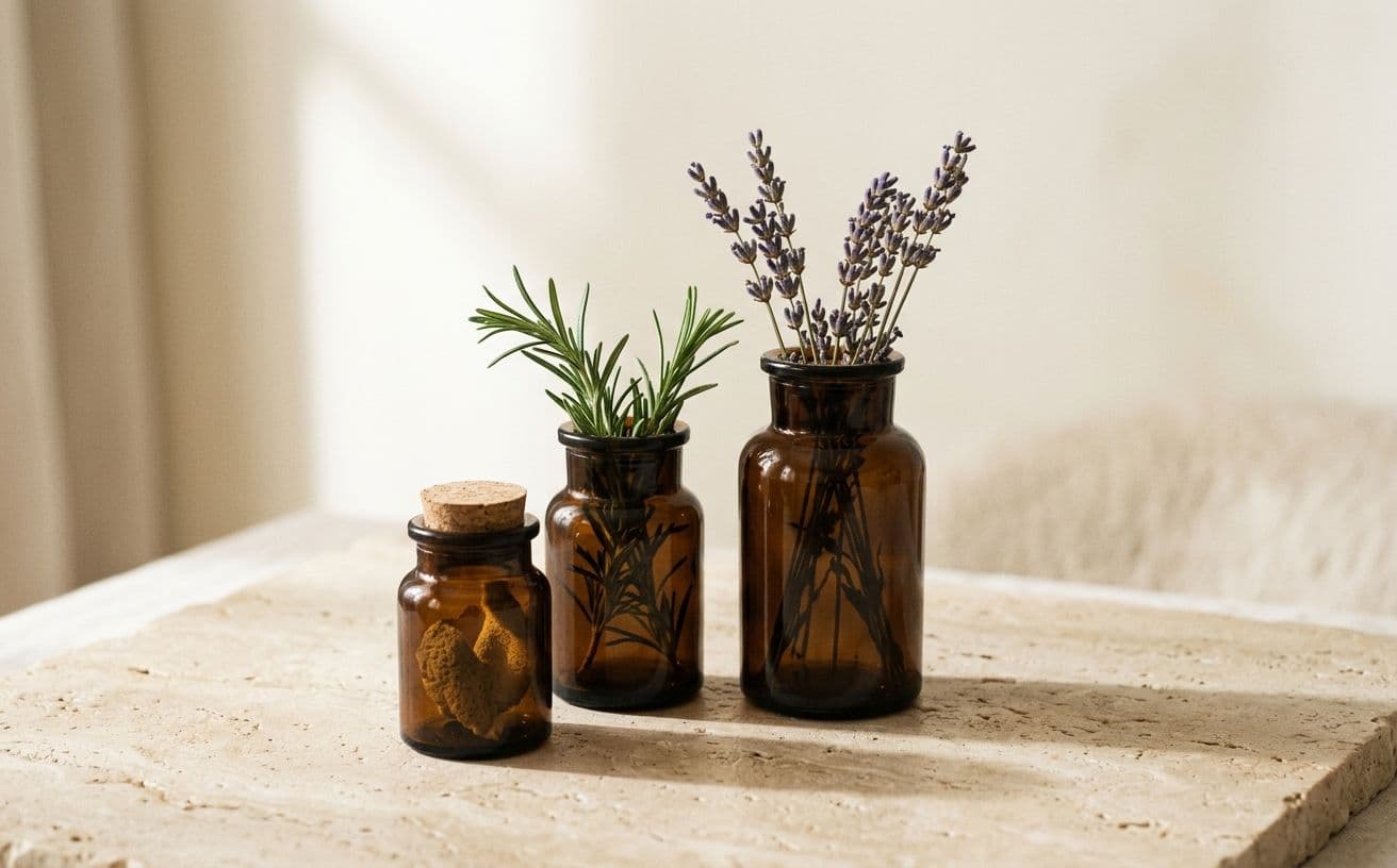 Three small amber jars on a stone counter, soft daylight from the side.