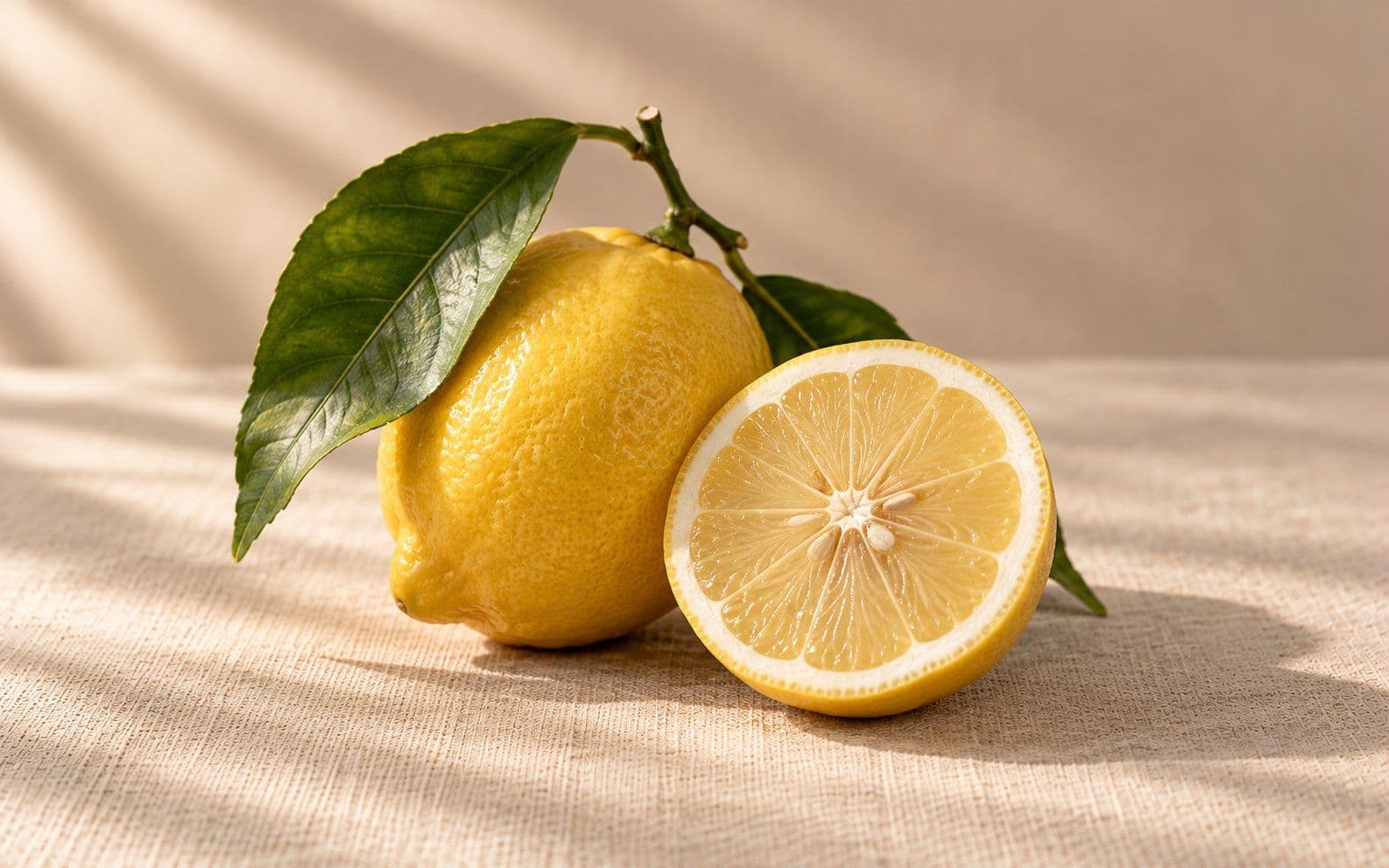 A whole lemon with a glossy leaf and a cut half.