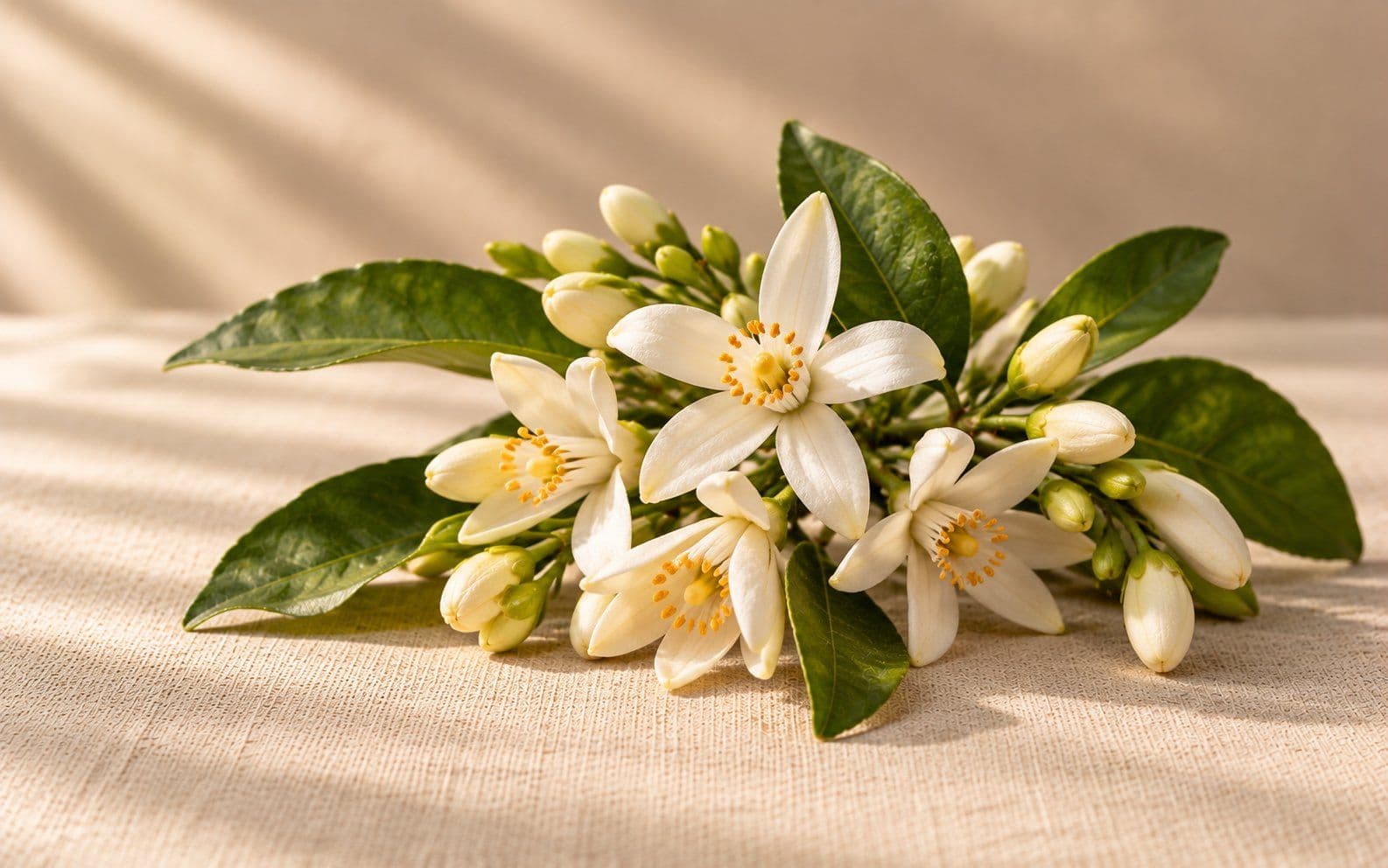 White neroli orange-blossom flowers with buds and green leaves.