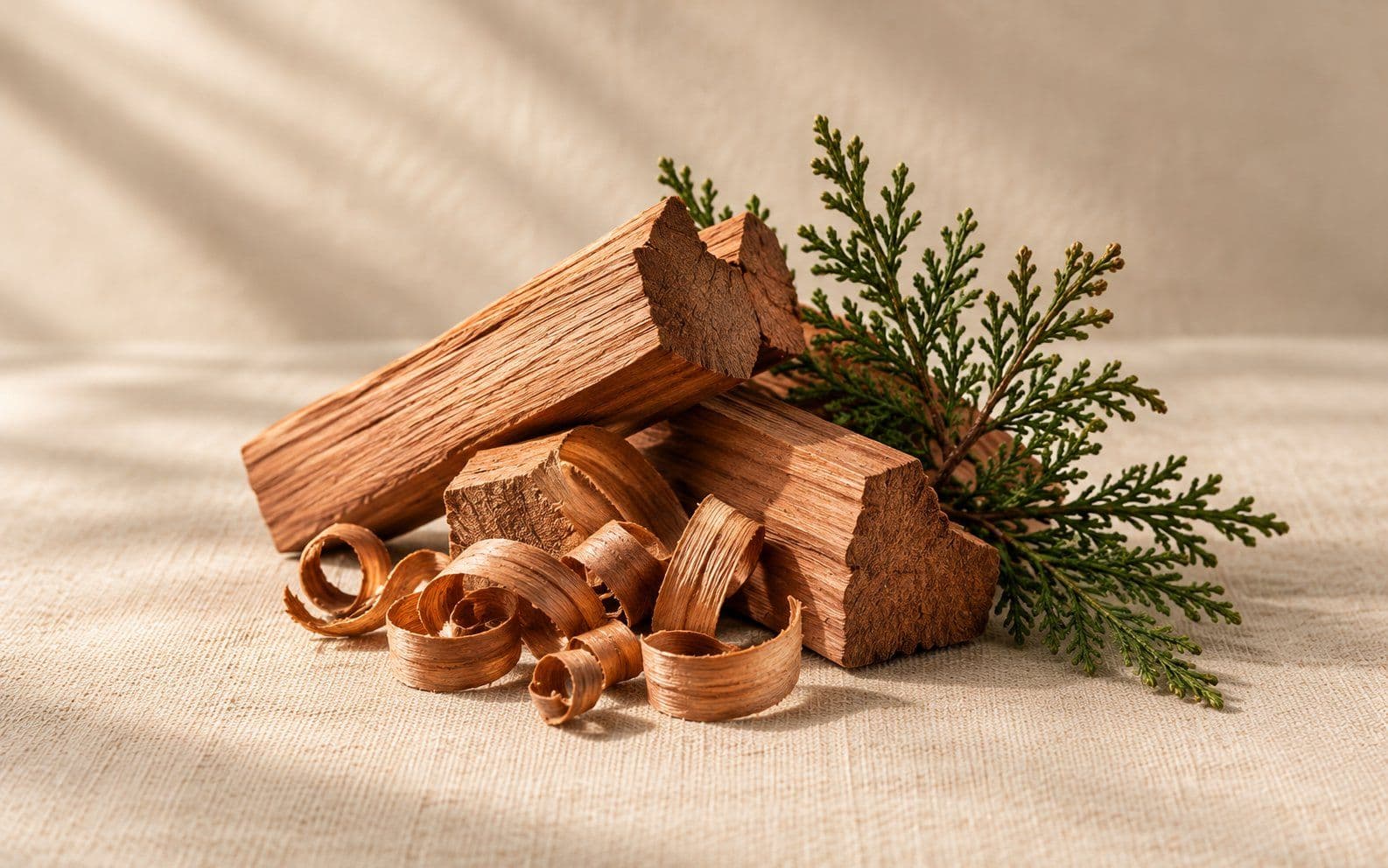 Blocks of cedar wood with curled shavings and a sprig of cedar foliage.