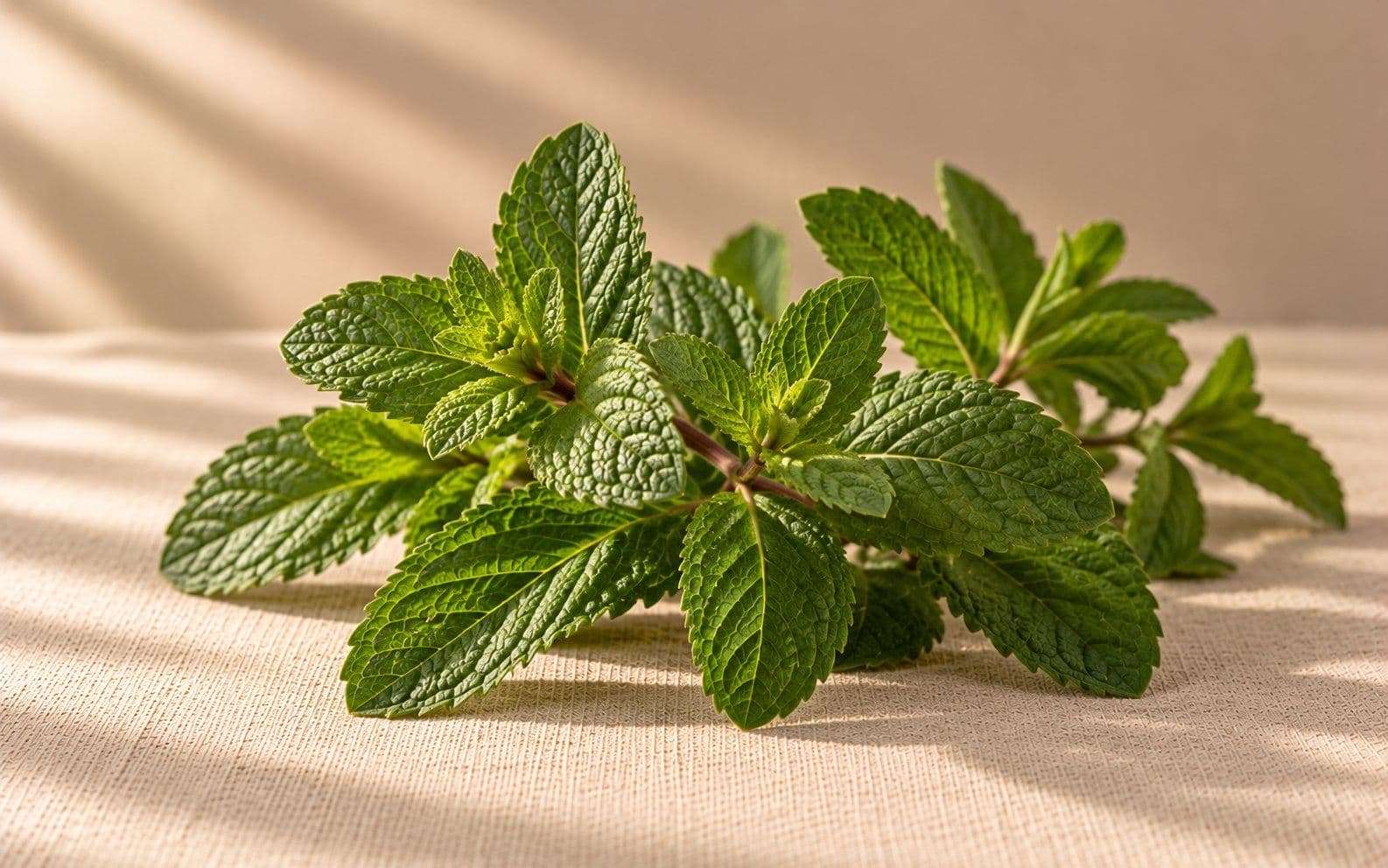 A sprig of fresh peppermint with bright green leaves.
